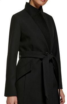 An inverted collar adds drama to a drapey coat that keeps you warm while making a statement. Notched lapels Inverted collar Long sleeves Tie front and button front closure Shell: 75% polyester, 20% wool, 5% other fibers; Contrast: 70% polyester, 30% wool; Lining: 100% polyester Dry clean Imported Model stats: 5'10" height, 32" bust, 25" waist, 36" hip. Model is wearing size S Belted Coat, Coat Design, Kenneth Cole, Peplum Dress, Trench Coat, Cashmere, Nordstrom, Collar, Long Sleeve