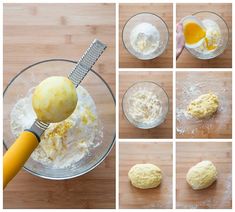 the process for making cookies is shown here, including dough and eggs being mixed together