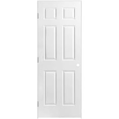 a white door with three paneled panels on the front and side, against a white background