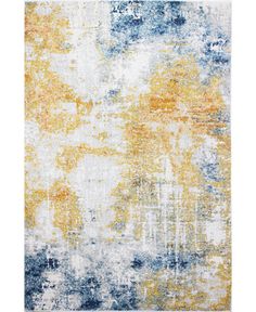 an abstract rug with yellow, blue and white colors on the floor in front of a white background