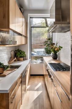 Modern kitchen with light wooden cabinets, white countertops, stainless steel appliances, and a large window letting in natural light. Small Narrow Kitchen, Small Galley Kitchen Ideas Narrow, Modern Galley Kitchen Ideas, Galley Kitchen Ideas Narrow, Modern Galley Kitchen, Narrow Kitchen Design, Galley Kitchen Renovation