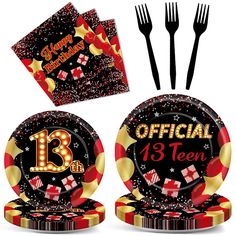 a set of birthday party supplies including plates, forks and napkins with the number thirteen on them