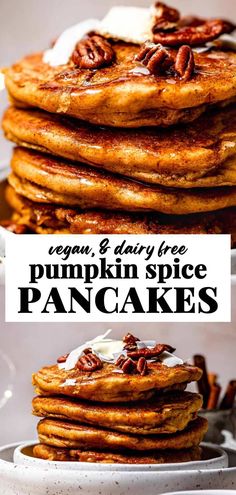 pumpkin spice pancakes with maple syrup and pecans on the side, topped with whipped cream