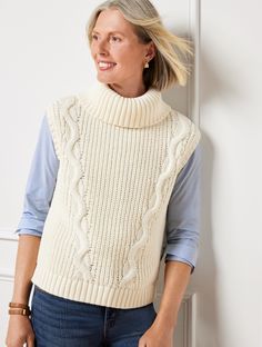 Our essential sweater vest in classic cable knit. Features a cozy, removable cowl neck to switch up the look. The versatile layer you’ll wear again and again. Features Vests Sleeveless Hits At Hip Cowl Neck Straight hem Imported Fit: Misses: 22 1/2"; Petite: 21 1/2"; Plus: 24 1/2"; Plus Petite: 23" Material: 83% Cotton, 17% Nylon Care: Machine Wash Cold; Only Non-Chlorine Bleach When Needed; Reshape, Lay Flat To Dry; Cool Iron, If Needed | Convertible Cowl-Neck Cable Knit Vest Talbots Essential Sweater, Cable Knit Vest, Talbots Sweater, Classic Style Women, Vest Fashion, Knit Vest, White Sweaters, Cream White, Sweater Vest