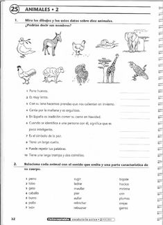 an animal worksheet is shown in spanish