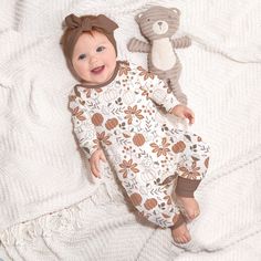 "Baby Girl Thanksgiving Outfit. Romper has turkey and pumpkin print with brown trim. She'll look cute and be comfy in this 100% cotton romper. Stretch cotton rib romper has snaps at the inseam and crotch for changing ease. Complete the look with optional headband.  THIS ITEM IS SPECIALLY PRICED AND IS NOT RETURNABLE. PLEASE CHECK DETAILS CAREFULLY BEFORE ORDERING. SHIPPING & PROCESSING TIME Free Shipping on all Items (domestic only) via 1st Class USPS. Our usual processing time is 3-5 business d Thanksgiving Baby Outfits, Girls Thanksgiving Outfit, Combi Short, Girls Thanksgiving, Thanksgiving Baby, First Thanksgiving