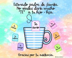 a coffee cup with the words in spanish on it and some colorful papers around it