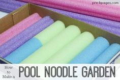 how to make a pool noodle garden in a box with text that reads, how to make a pool noodle garden