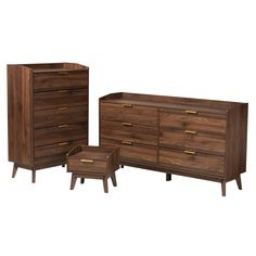 Lena Mid-Century Modern Walnut Brown Finished Wood 3-Piece Storage Set Mid Century Bedroom Set, Mid Century Modern Storage, Brown Dresser, Wood Bedroom Sets, Mid Century Bedroom, Solid Wood Dresser, Bedroom Layout, Gold Bedroom, Wood Tones