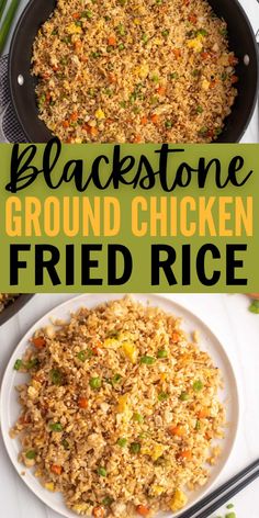 black stone ground chicken fried rice on a plate with chopsticks