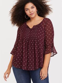 Plus Size Burgundy Pintuck Chiffon Blouse, STAR DOTS Sheer Blouse Designs, Blouse Pictures, Recycled Dress, Cute Blouses, Chiffon Blouse, Up Girl, Plus Size Blouses, Sheer Blouse, Chiffon Fabric