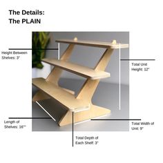 the details of a three tiered bookcase with measurements for each shelf and how to use it