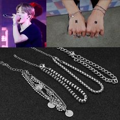 Long earrings: Material: Titanium Steel Bracelet: Material: Titanium Steel Length: 15cm/18cm It is sent by certified Bts Earrings, Bts Bracelet, Woman Personality, Long Tassel Earrings, Usa Outfit, Mens Beaded Bracelets, Long Earrings, Bts Jimin, Womens Bracelets