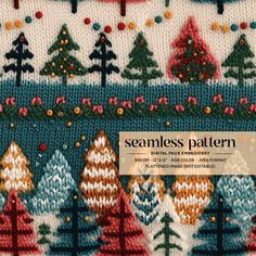 a knitted christmas sweater with trees and snowflakes on the front, along with an advertise for seamless pattern