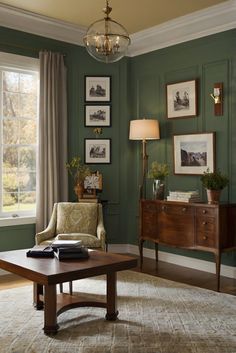 home office design, home office decor, color coordination, interior decorating Green Painted Office Walls, Green Paint Office, Green Office Room, Green Study Room, Green Office Ideas, Olive Office, Olive Room, Green Dining Room Walls, Dark Green Office