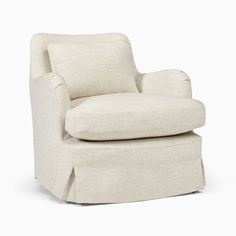 an upholstered chair with a rounded back and foot rests against a white background