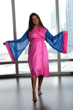 Pink Petite Robe Elegant Open Front Pink Kimono, Elegant Blue Wrap Kimono, Pink Summer Robe With Kimono Sleeves, Pink Party Kimono, Blue Robe With Kimono Sleeves, Long Pink Silk Robe, Pink Silk Wrap Kimono, Multicolor Long Sleeve Silk Robe, Pink Silk Long Sleeve Kimono