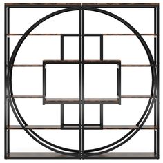 an art deco bookcase with metal and wood shelves in the shape of a circle