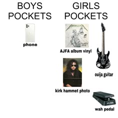 an advertisement for boys's pocketets with the names of their guitars and other items