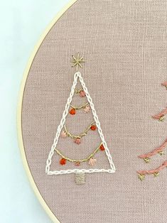 a cross stitch christmas tree is shown in the hoop with red and white beads on it