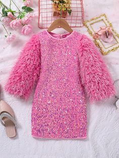 Hot Pink Party Collar Long Sleeve Woven Fabric Plain Fitted Embellished Slight Stretch  Young Girls Clothing Christmas Gown, Embellished Party Dress, Pink Sweater Dress, Dress For Party, Pink Party, Feather Dress, Pink Parties, Pink Sequin, 10th Birthday