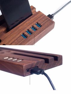 an electronic device charging on a wooden stand