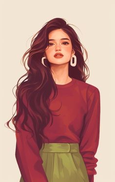 a drawing of a woman with long hair and wearing a red shirt, green skirt and white earrings