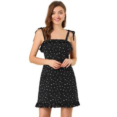 From Monday to Sunday, this dress is effortless to throw on. Crafted from a lightweight fabric, featuring a polka dot print, it has a ruffled hem and a side zip fastening. A square neckline and spaghetti straps lend a contemporary touch and make this a perfect option for your next social gathering. Wear with heeled sandals and a clutch for effortless chic. A Line Mini Dress, Mini Slip, Mini Skater Dress, Denim Shirt Dress, Mini Slip Dress, Effortless Chic, Black Heart, Dress Suits, Cami Dress