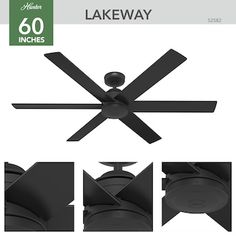 the lakeway ceiling fan is shown in black and features four different blades, including one with