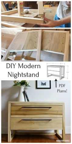 the diy modern night stand is made out of wood