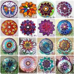 many different colored glass plates with designs on them