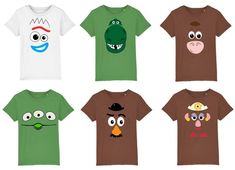 six t - shirts with cartoon faces on them, all in different colors and sizes