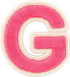 the letter g in pink and white is embroidered on a white background with red trim