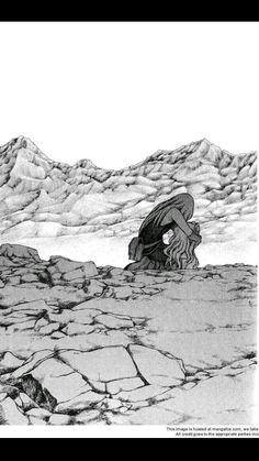 a black and white drawing of a woman sitting on rocks with mountains in the background