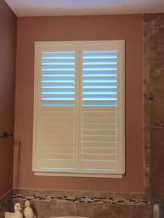 a bath room with a tub and a window covered in blinds on the windowsill