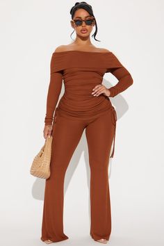 Available In Brown And Black. Ribbed Pant Set Off Shoulder Top Long Sleeve Foldover Detail Ruched Detail Flare Leg Pant Waistband Foldover Adjustable Ruching Stretch 34" Inseam 95% Polyester 5% Spandex Imported | Riley Off Shoulder Pant Set in Brown size XS by Fashion Nova Brown Jumpsuits, Brown Outfit, Flare Leg Pants, Off Shoulder Top, Gal Gadot, Off Shoulder Tops, Dressy Casual, Halloween Women, Pant Set