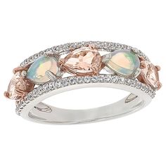 Colleen Lopez Opal, Exotic Gemstone and White Zircon Band Ring  Ethereal opal, eye-catching exotic gemstones and sparkling white zircon mingle on this pretty ring crafted in rhodium-plated silver.       Approx. 15/16"L x 1/8"H; shank 1/16"W     Stamped .925 sterling silver; rhodium plating   Stone Information       All sizes and weights approximate     White Rainbow Opal - Pear (6x4mm)     Pink Tourmaline - Pear (6x4mm)     Light Peach Morganite - Pear (6x4mm)     Violet Tanzanite - Pear (6x4mm) Peach Morganite, Pretty Ring, Rainbow Opal, White Rainbow, Ring Crafts, Light Peach, Wedding Watch, Pink Ring, Pretty Rings