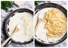 two pictures showing the process of making pasta in a skillet with cheese and parmesan