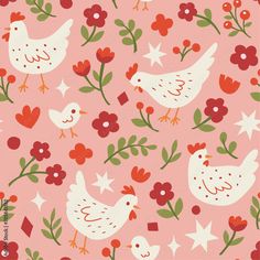 a pink background with white chickens and red flowers