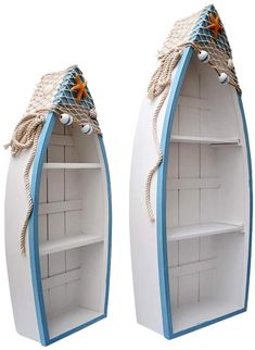 two white and blue wooden boats with rope on the top, one is open to show it's interior