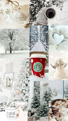 the collage shows many different pictures with coffee and snowflakes on them, as well as christmas trees