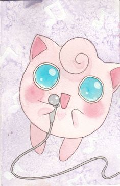 a drawing of a pink cat with big blue eyes and a microphone in its mouth