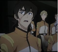 an anime scene with two men in uniform and one man looking at the camera while another man looks on