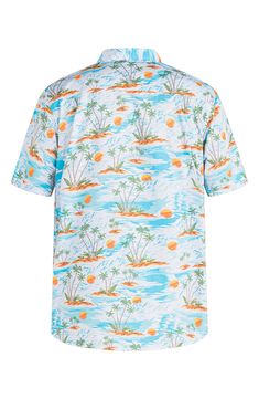 When it comes to the beach, you can't take it with you, but the laid-back vibes travel extremely well on this cool button-up that takes you away to the islands. Spread collar Short sleeves 80% cotton, 20% polyester Machine wash, tumble dry Imported Beach Season Beachwear Top With Camp Collar, Beachwear Tops With Camp Collar For Beach Season, Blue Summer Camp Shirt For Beach, Beachy Vacation Shirt, Beach Season Camp Collar Top For Beachwear, Summer Beach Short Sleeve Shirt With Palm Tree Print, Blue Beachwear Shirt For Vacation, Beachy Relaxed Fit Shirt For Vacation, Relaxed Fit Camp Shirt For Vacation