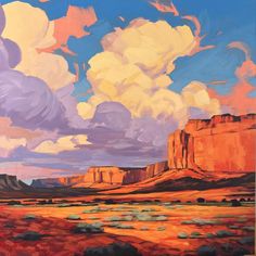 an oil painting of clouds over the desert