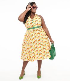 Unique Vintage Plus Size 1950s Yellow & Red Apple Print Cotton Halter Swing Dress - Unique Vintage - Womens, DRESSES, SWING Yellow Backdrop, Apple Print, Vintage Plus Size, Red Apples, Apple Prints, 1950s Style, Red Belt, 1950s Fashion, Red Apple