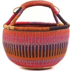 a woven basket with handles is shown on a white background and it has multicolored stripes