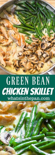 green bean chicken skillet with mushrooms and asparagus in a casserole dish