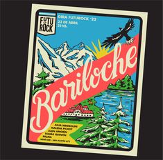 an old style poster with a bird flying over the mountains and lake in front of it