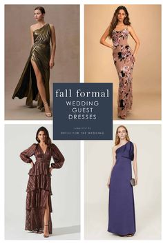 four different styles of dresses with the words fall formal wedding gowns written below them